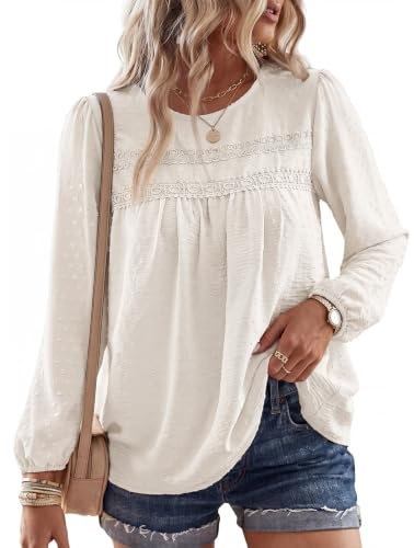 Fashora Chemisier Femme Blouse Col Rond Tee Shirt Manche Longue Dentelle Haut Top Chic et Élégant Tops Lâche Fluide Blouse Automne Tunique