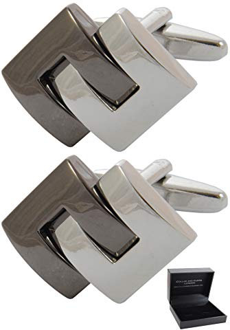 Manschettenknöpfe Herren Silber Farbe - Mit Box - Symmetrisch - Interlocking C Design - Langlebiges Messing - Silber und Bronze Farben - Modernes Design - Ein Paar