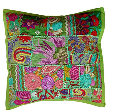 RASTOGI Kunsthandwerk handgemachtes Patchwork Kissen Kissen, Sari Patch Überwurf Kissen indischen ethnischen Kissenbezug bestickt Sari Patchwork Kissenbezug, Textil, lichtgrün, 40 x 40 cm
