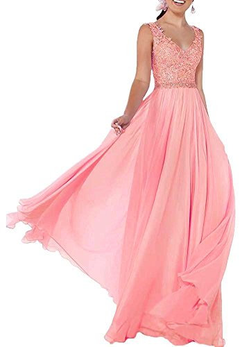 Beyonddress Damen Chiffon Abendkleider Lang Hochzeit V-Ausschnitt Brautkleid Ballkleider Brautjungfern Kleider(Koralle,36)