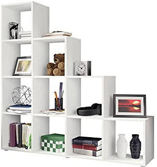 Mirjan24 Treppenregal Trio 013, Stufenregal, 10 Fächer, Bücherregal, Aktenregal, Standregal Aufbewahrung Regal Raumteiler, Dekoregal (Weiß)