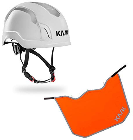 KASK Schutzhelm Zenith Hi-Viz - Reflexstreifen, Drehrad, EN 50365, EN 397 + KASK Nackenschutz orange für BG Bau Förderung, Farbe:weiß