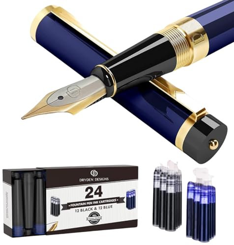 Dryden Designs Fountain Pen - Medium Nib | Includes 24 Ink Cartridges and Ink Refill Converter | Calligraphy Pen, Consistent Writing, Smooth Flow -Deep Blue