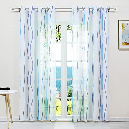 ESLIR Gardinen mit Ösen Vorhänge Gardinenschals Transparent Schlaufenschal Wellen Muster Voile Blau BxH 140x245cm 1 Stück