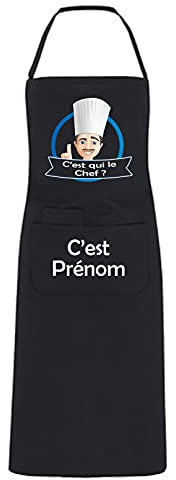 YONACREA - Tablier de Cuisine PERSONNALISABLE - C'est qui le Chef ? Logo homme - NOIR