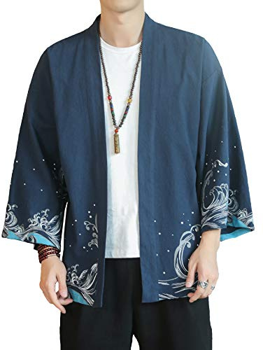 PRIJOUHE Herren-Kimono-Jacken, Cardigan, lässig, Baumwollmischungen, Leinen, sieben Ärmel, offene Vorderseite, Stickerei-Mantel