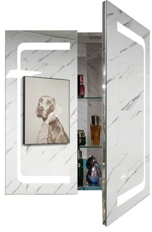 Janboe 24 Inch X 28 Inch Illuminated Led Mirror Cabinet for Bathroom Stainless Steel Wall Mounted Medicine Cabinet with Double Touch Switches for Clor Change, Dimmer and Anti-Fog Function