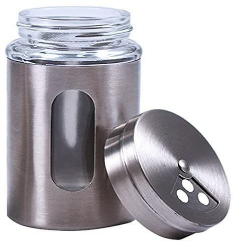 Alimat Plus 1 Pack Large Salt Shaker with 3 Adjustable Pour Holes - 7×10.9 cm Salt and Pepper Shaker with Stainless Steel Outer Layer and Internal Thick Glass for Granular Seasoning