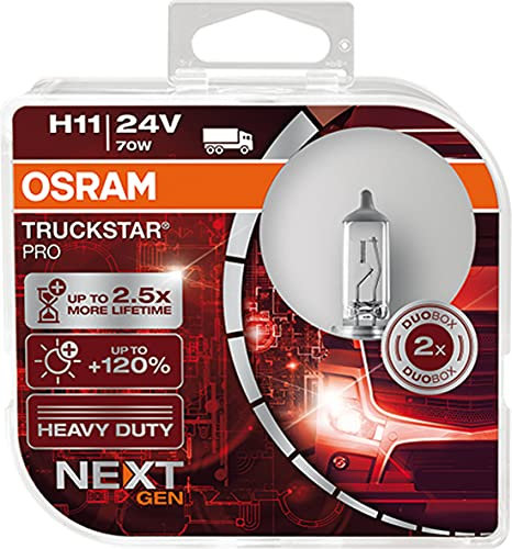 OSRAM TRUCKSTAR® PRO H11, +120% mehr Helligkeit, Halogen-Scheinwerferlampe, 64216TSP-HCB, 24V LKW Lampe, Duo Box (2 Lampen)