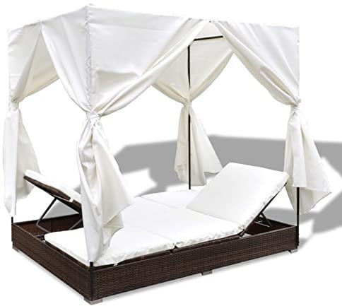Susany Sonnenliege mit Vorhängen Gartenliege Polyrattan Doppelliege Rattanliege Liegestuhl 197 x 140 x 180 cm für 2 Personen Außenbereich,Sonnenliege in 7 verschiedenen Positionen eingestellt werden