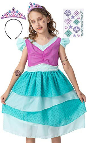 corimori Meerjungfrau Prinzessin Kostüm Kleid für Kinder | Set mit Tattoos & Diadem | Meerjungfrauenkostüm für Karneval, türkis, Größe 128/134