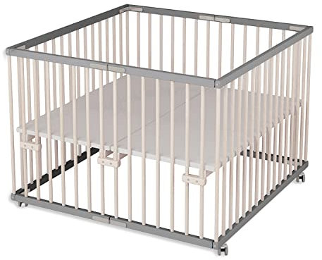Sämann Laufgitter faltbar 100x100 cm - PREMIUM - stufenlos höhenverstellbar - Laufstall klappbar - Baby Buche grau/natur