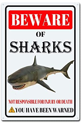 Blechschild mit Aufschrift Beware of Sharks, lustiges Blechschild, Wanddekoration für den Außenbereich, 20,3 x 30,5 cm, Blechschild