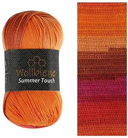 Wollbiene Summer Touch Batik 100 Gramm Wolle Mehrfarbig mit Farbverlauf, 100 Gramm merzerisierte Strickwolle Microfiber-Acryl (510 orange pink 1)