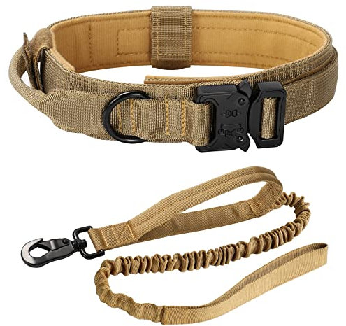 Hundehalsband Taktisch Einstellbar mit Hundeleine und Kontrollgriff, Hundehalsbänder für Mittlere Bis Große Hunde Jagd Training Freizeit Outdoor (Khaki M)