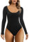 SHAPERX Bodysuit for Women Long Sleeve Tops High Stretch Leotard Top Thong Second-skin Feel Jumpsuit Scoop Neck Body Suits, UK-SZ5260-Black-XS