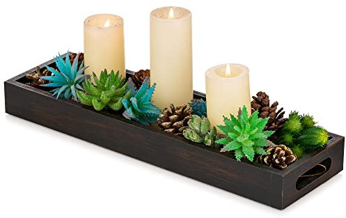 Hanobe Plateau de Service Bois: Rectangulaire Etroit Decoratif Cafe Bougeoirs Plats et Plateaux avec Poignées Rustique Noir Brun Petit Deco Table Plateau en Bois Antidérapant e Bougie