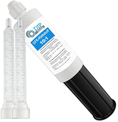 DIP-Tools Colle GFK extra forte, résistante à la chaleur, imperméable | Colle 2 composants pour plastique, bois, pierre, métal avec buses de mélange – Noir (1 x 150 ml)
