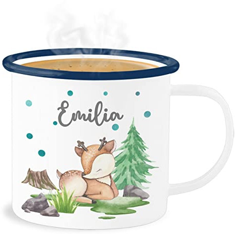 Emaille Becher Blechbecher - Reh mit Name personalisiert I Rehlein I Rehkitz I Waldtier - 300 ml - Weiß Blau - tier waldtiere tasse tiere personalisierte trinkbecher tieren personalisierter