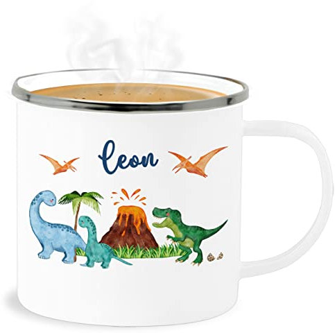 Emaille Becher Blechbecher - Geschenk Dinosaurier personalisiert mit Name I Dino I Dinos - 300 ml - Weiß Silber - tasse tier trex kinder tieren kita saurier t rex dinosaur tiere personalisierte