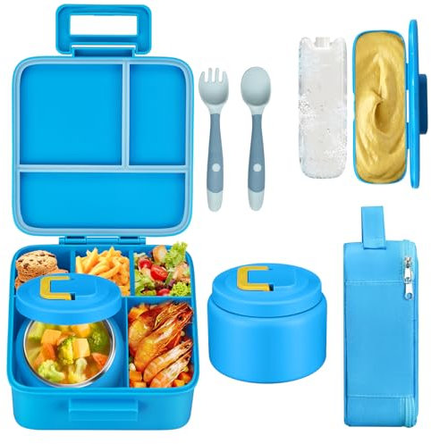MAISON HUIS Bento-Lunchbox-Set für Kinder, mit 237 ml Suppen-Thermo, auslaufsichere Lunchbehälter mit 5 Fächern, Thermobehälter für heiße Speisen und isolierte Lunchtasche, BPA-frei, für Reisen,