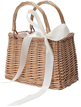 CARMELIT Blumenmädchen-Korb, Boho-Stil, Rattankörbe mit weißem Band für Hochzeiten, klassischer Weidenkorb, Handtasche, Korb, Taschen, Damen, Stroh-Tragetasche mit Griff