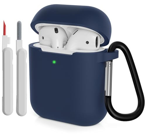KOKOKA Silikonhülle Kompatibel mit AirPods 2 Hülle mit Reinigungsset und Schutzhülle für AirPods 2. Generation Case, Stoßfeste Weiche Dünne Case für Airpods 2 Mit Karabiner, Midnight Blue