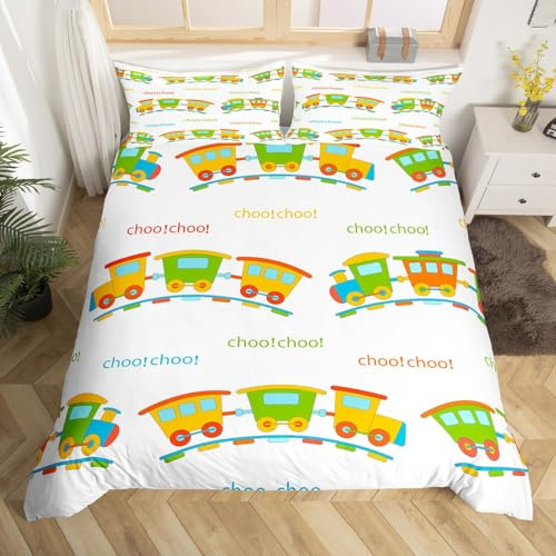 Manfei Cartoon Zug Auto Bettbezug Set S Größe Kinder Jungen,Bunte Choo-Choo Zug Tracks Bettwäsche Set,Nette Transport Fahrzeug Tröster Abdeckung Moderne weiche weiße Quilt Cover,1 Kissenbezug