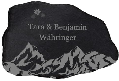 Türschild Namensschild aus Schiefer mit Gravur - Alpenpanorama - 33x22cm - Naturform- personalisierbares Schild Haustür
