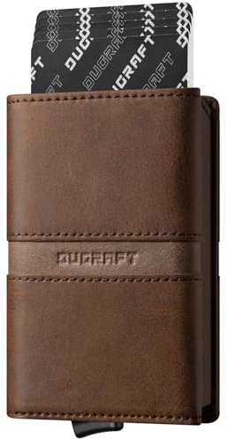 DUGRAFT Card Holder Wallet with ID Window, Leather Mens RFID Blocking Minimalist Pop-Up Wallet Aluminum Metal Credit Card Case with Banknote Compartment