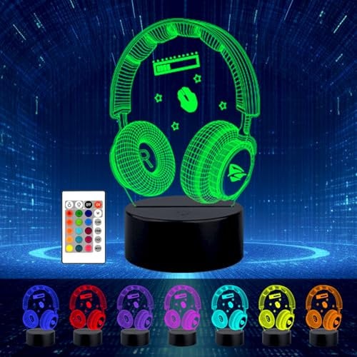 Gamer Lamp 3D Illusion Night Light for Kids, Wireless Headphones and Mouse with 16 Color Changing, Touch & Remote Gamer Gifts Gaming Decor Men Room Birthday Christmas Party SuppliesBoys (game001)