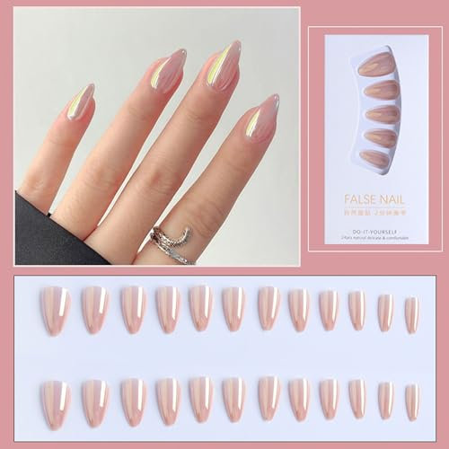 Pearl Pink Almond Shaped Short False Nails, Mirror Effect Full Cover Press on Nails with Glue, 24PCS Reusable Stick on Nails Art for Women, Nails Set Women Girls Nail Accessories