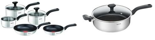 Tefal Comfort Max, Pan Set, 14cm Milkpan, 16cm and 18cm Saucepans with Lids, 20cm and 24cm Frying & 26cm Comfort Max Stainless Steel Non-stick Saute Pan and Lid, Silver
