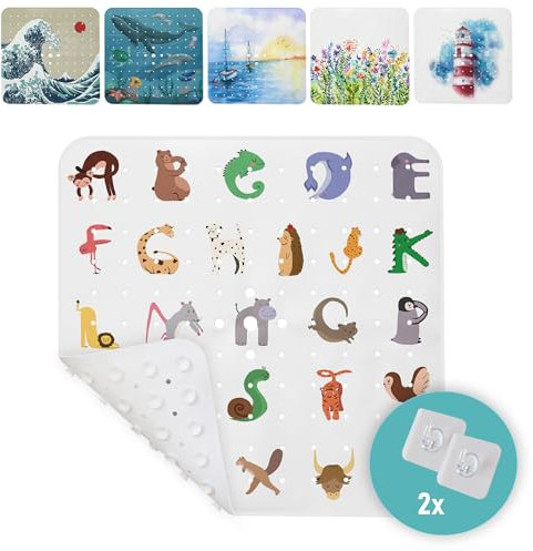 arteneur® - Duschmatte rutschfest 53x53 cm | Antirutschmatte Dusche | Inkl. Aufhängung | Schimmelresistent | Maschinenwaschbar | BPA frei | Rutschmatte Dusche Alphabet