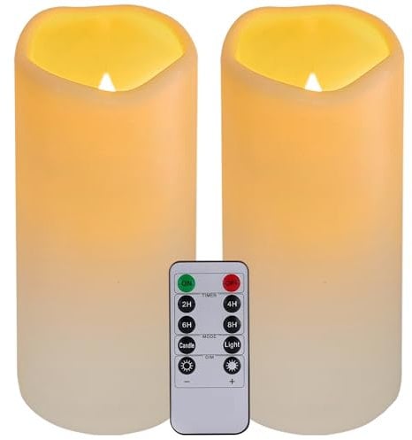 Nancia 2PACK Wasserdichte flammenlose Plastikkerzen im Freien mit Fernbedienung und Timer, LED flackernde batteriebetriebene elektrische Säulenkerzen (D7 xH15cm) für Camping, Hochzeiten, Home Deco