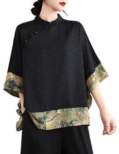 Hauts Patchwork Imprimés Floraux De Style Chinois Pour Femmes Chemise À Col Montant Et Manches 3/4 Et Ourlet Fluide Chemisier De Style Ethnique Rétro(A)