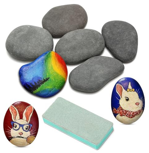6 Stück Kieselsteine zum Bemalen 5-8cm, Steine zum Basteln für Steinbilder, Flache Kieselsteine Schwarz zum Basteln mit Polierter Platte für DIY Handwerk Gartendekoration