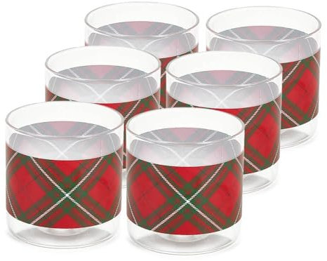 Nuvole di stoffa Set 6 bicchieri d'acqua natalizi in vetro borosilicato tartan scozzese Cartolina di Natale, vintage 300 ml