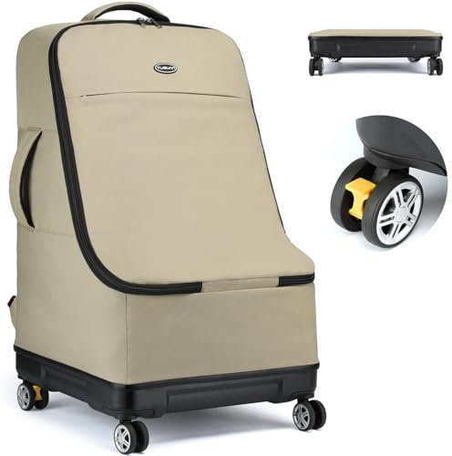 TUGUAN Autositz Reisetasche für Flugzeug mit Rollen, Faltbare Kindersitz Transporttasche Robuste Kinderautositz Rucksack mit Hartem Boden & Schultergurten - für Autokindersitze und Kinderwägen, Braun