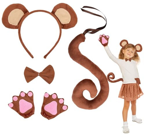 EUPSIIU 4 Stück Affen Kostüm Affenohren Tier Stirnbänder Affen ohren Langen Schwanz Fliege Pfoten Handschuhe, Affenkostüm für Kinder Mädchen Fasching Tierkostüm Halloween Haarbänder Cosplay (Affen)