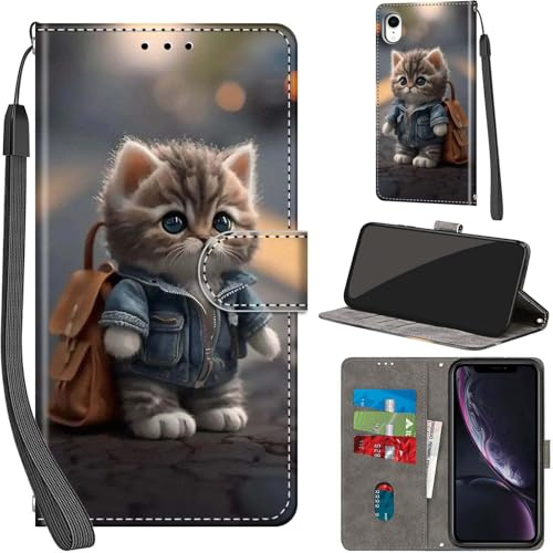 Haninsuze Case for iPhone XR 6.1-Inch, Cat | PU Leather, 3 Card Holder, Wallet Book Flip, Folio Stand View, Magnetic, Multi-Pattern Cover, Lanyard Strap
