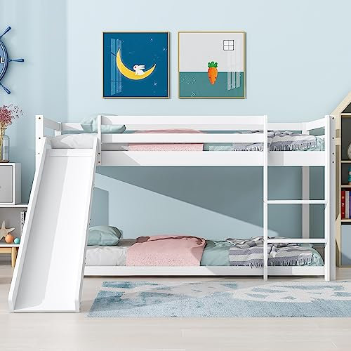 Jtyca Bunk Beds for Kids with Adjustable Slide and Ladder, Wooden Cabin Beds for Kids with Adjustable Lower Bed, White, 190x90cm+200x90cm, (Without Mattress)