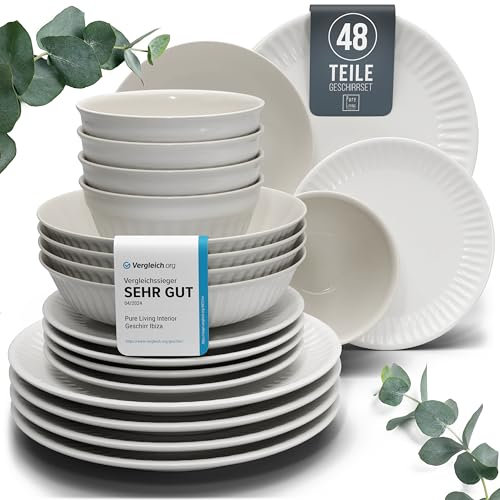 Steingut Geschirrset 12 Personen Hygge 48 tlg. TESTSIEGER, Traumhaftes Skandinavisches Steingut Geschirr Set, Schüssel- und Teller Set, Tafelservice 12 Personen, Geschirrsets Pure Living in Hellgrau