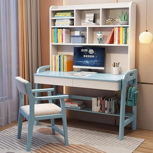 Höhenverstellbarer Schreibtisch aus Massivholz mit Utensilien und Schubladen – Homeschool Schreibtisch Arbeitsplatz