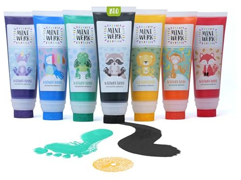 Miniwerk Naturfarbe 7er Set mit Schwammaufsatz - 7 Bio Malfarben aus natürlichen Rohstoffen, schadstofffrei wie Fingerfarbe - Baby Handabdruck Fußabdruck (Lila, Blau, Grün, Schwarz, Gelb, Orange, Rot)