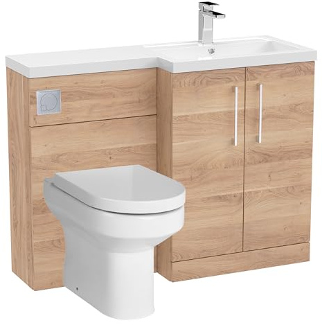 Balterley Vanity Unit with Basin, WC Unit with Toilet Pan, Seat, Cistern, Floor Standing 2 Door Soft Close Vanity, Toilet Pan with Soft Close Seat, Right Hand Bathroom Sink Storage (Bleached Oak)