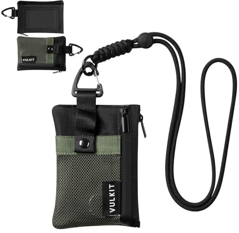 VULKIT Minimalist Small Wallet with ID Window, RFID Blocking Card Holder Water Resistant Zip ID Card Case Wallet with Lanyard Keychain for Cards,Cash,Key, Coin (Army-Green-Black)