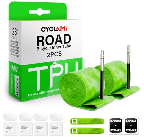 CYCLAMI Cámara Bicicleta Carretera 700 x 18-32C, Paquete de 1/2 Ultraligera 30g Cámaras de Aire 700C x23/25/28/30/32c,2 palancas de neumáticos, 4 Piezas de reparación (2P-FV:65MM)