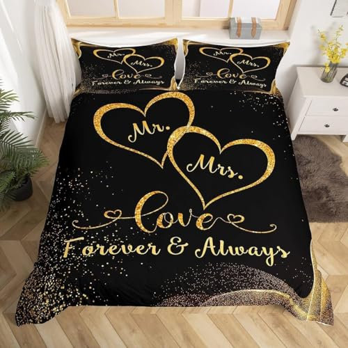 Homewish Black and Gold King Size Duvet Cover Set,Couples Bedding Set Mr And Mrs Duvet Cover King Size 3Pcs, Gold Glitter Sequins Bed Set Love Heart Print Quilt Cover for Valentine'S Day