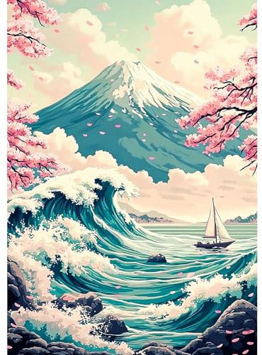 NEWENMO DIY Mont Fuji Diamond Painting Kits,Bateaux et Grandes Vagues Peinture Diamant Kit pour Adulte,5D Diamant Painting Kit Complet,Pont Cristal Débutant Art Set,pour Maison Décoration 30x40cm